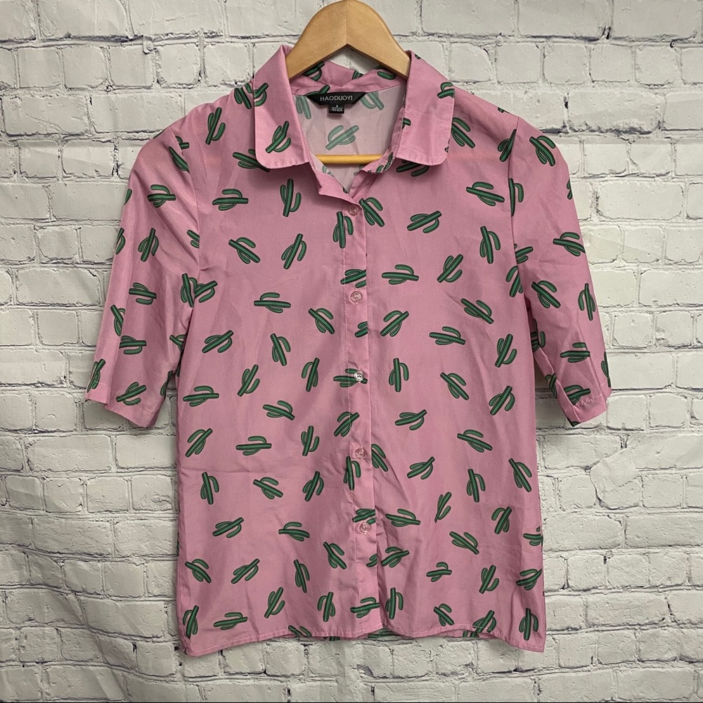Pink cactus silky button down shirt